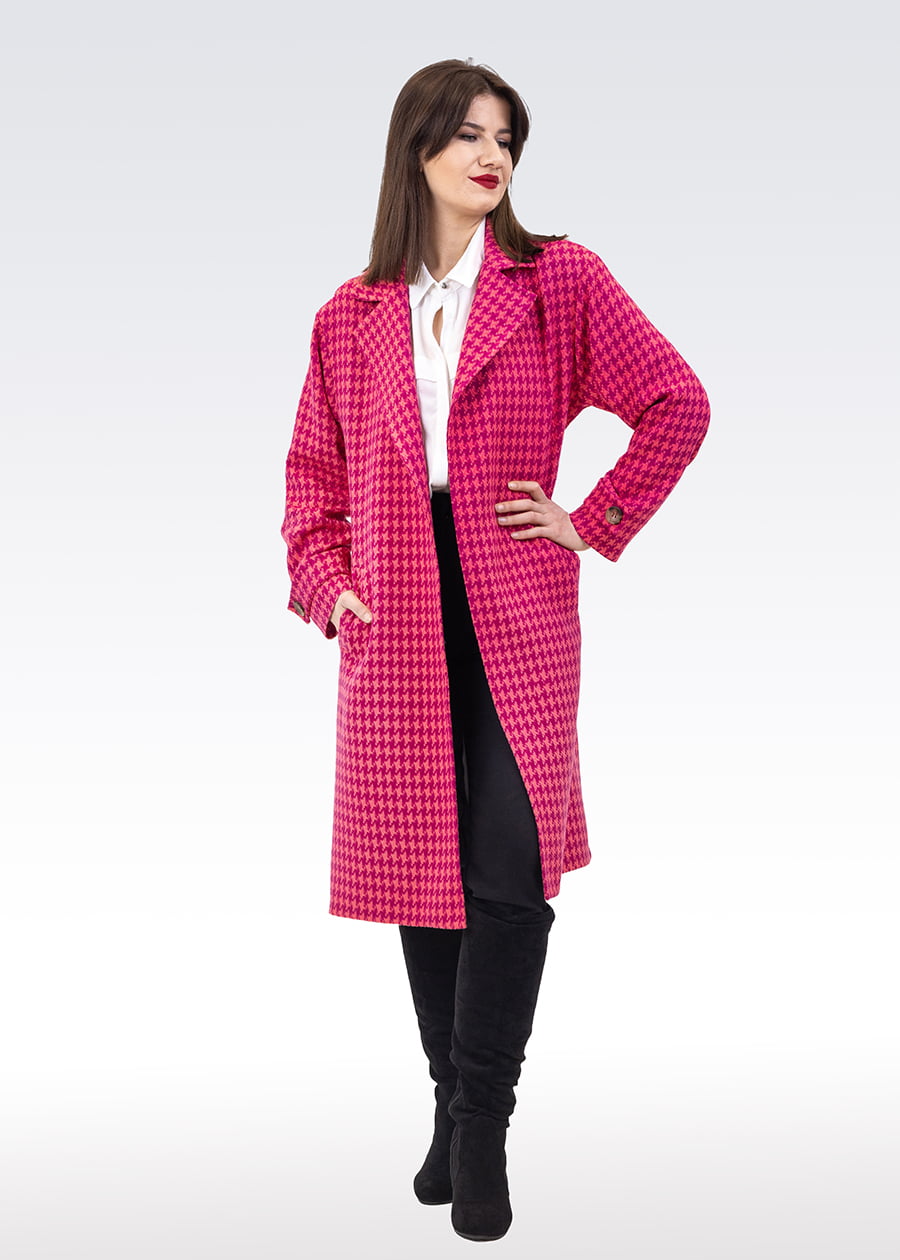 Płaszcz pepita fuksjowo różowy - Kobiecowo - internetowy butik z odzieżą damską