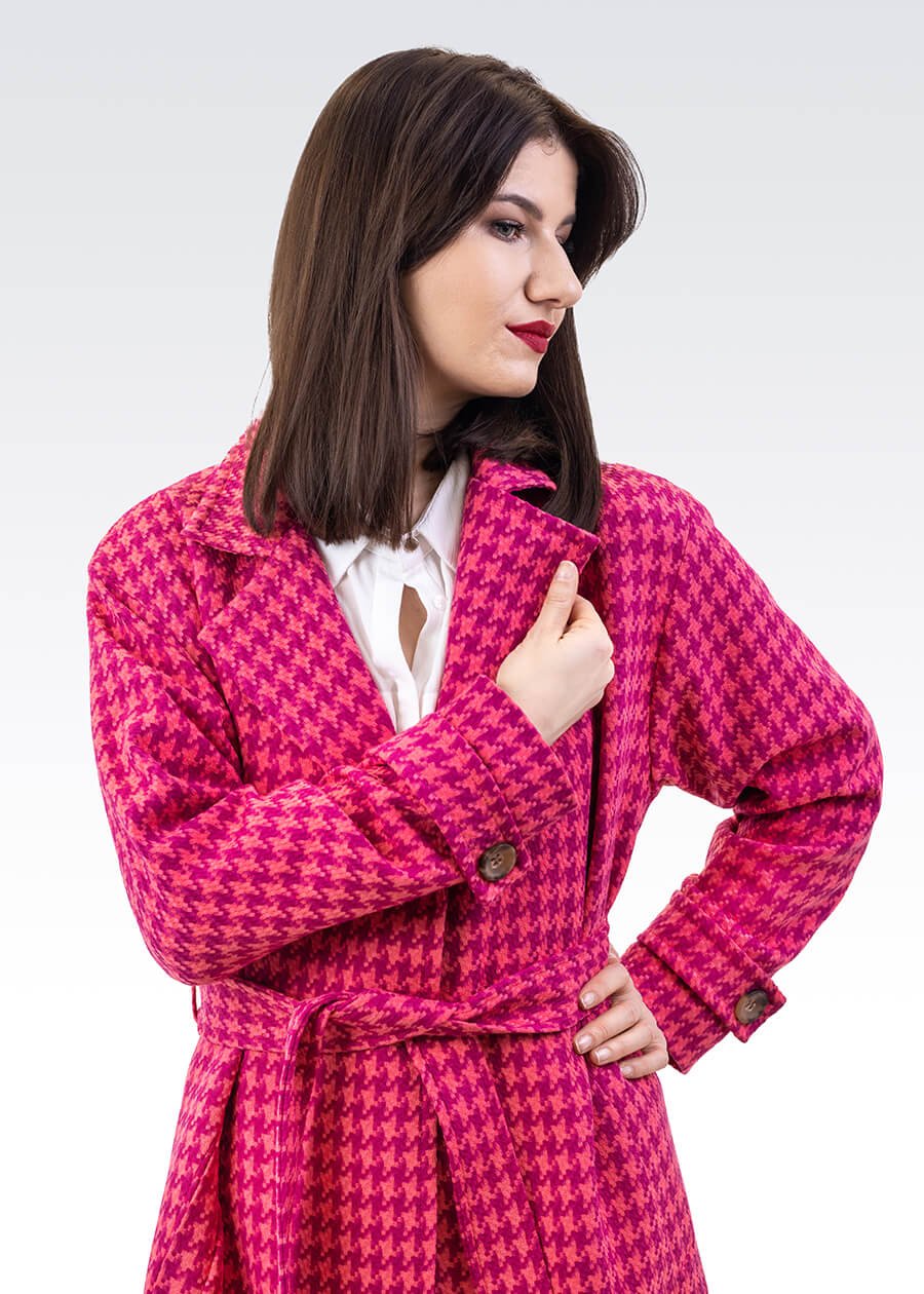 Płaszcz pepita fuksjowo różowy - Kobiecowo - internetowy butik z odzieżą damską