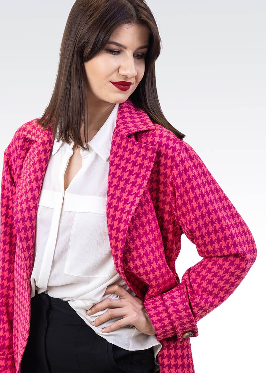 Płaszcz pepita fuksjowo różowy - Kobiecowo - internetowy butik z odzieżą damską