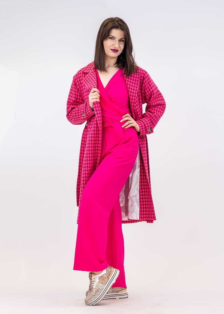 Płaszcz pepita fuksjowo różowy - Kobiecowo - internetowy butik z odzieżą damską